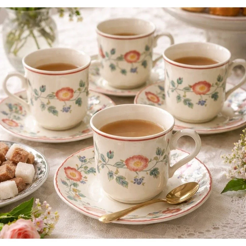 Churchill Briar Rose Set Of 4 Teacup & Saucer Sets . Floral Cottage Core England
